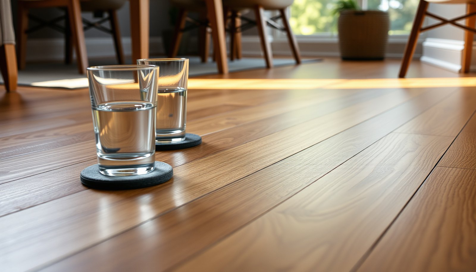 Dining room with hardwood floors and tips to prevent water damage.