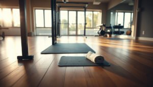 Tips for preventing water damage to hardwood floors in a home gym setting.