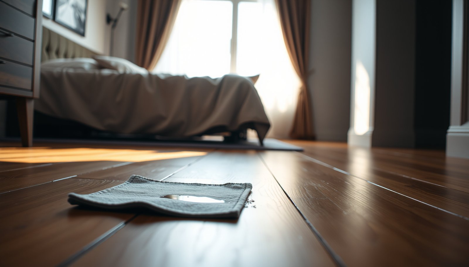 A bedroom with hardwood floors showing tips to prevent water damage.
