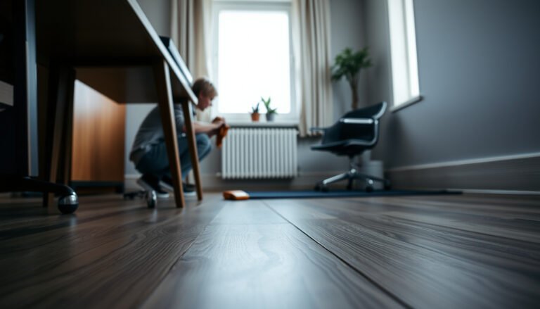 Tips for preventing water damage to laminate floors in a home office setting.