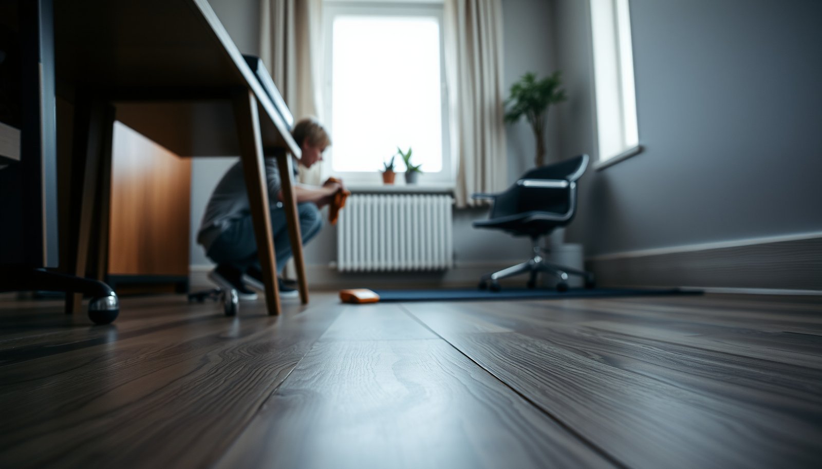 Tips for preventing water damage to laminate floors in a home office setting.