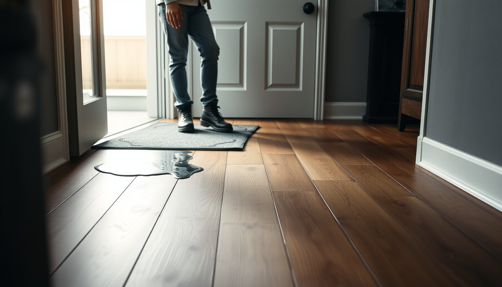 Engineered wood floors in a mudroom showing tips to prevent water damage.