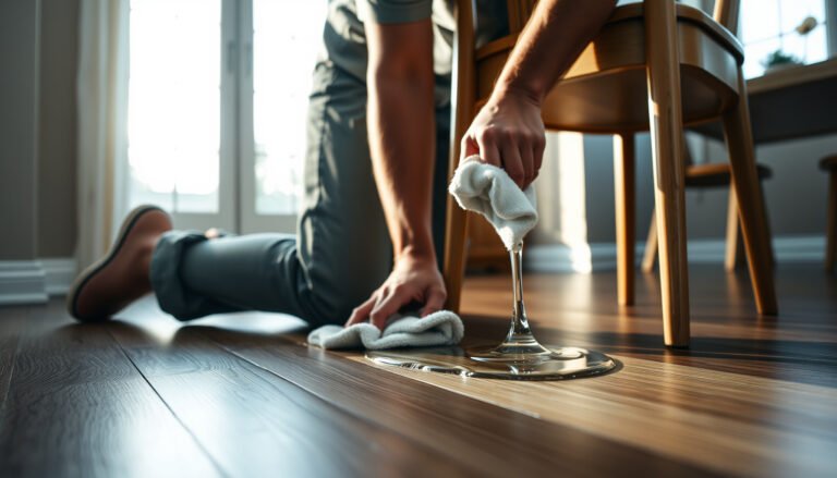 Dining room with laminate floors, showcasing tips to prevent water damage.