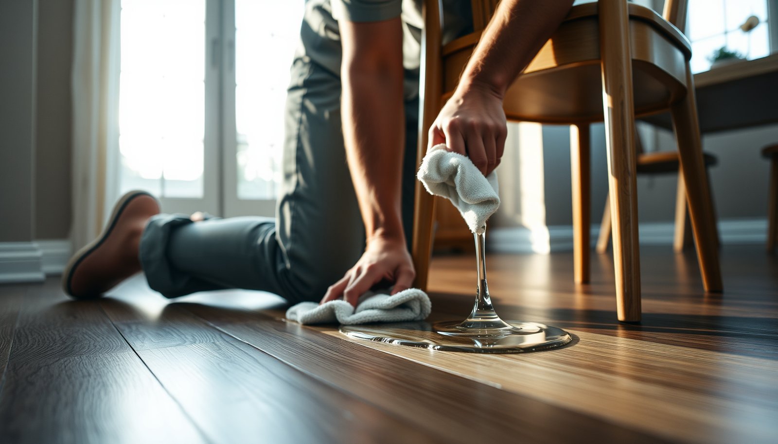 Dining room with laminate floors, showcasing tips to prevent water damage.