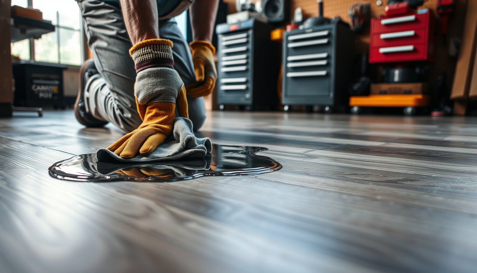 Workshop with laminate floors showing tips to prevent water damage.
