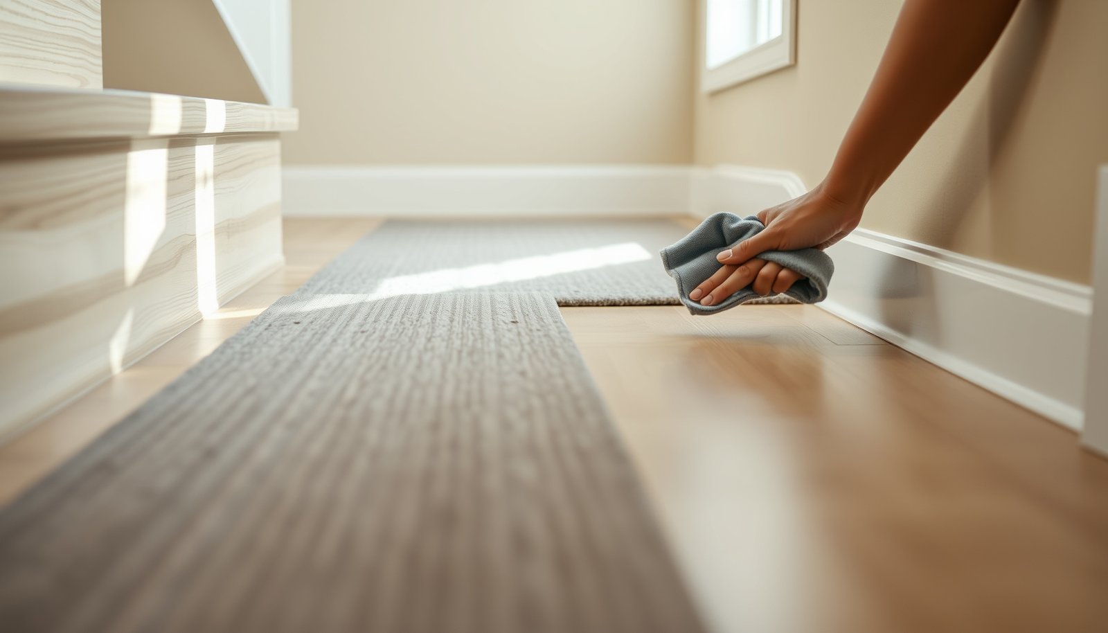 A staircase with vinyl flooring showing tips to prevent water damage.