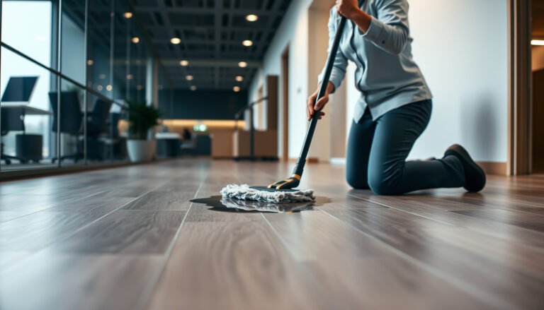 Guide on preventing water damage to vinyl floors in a commercial office setting.