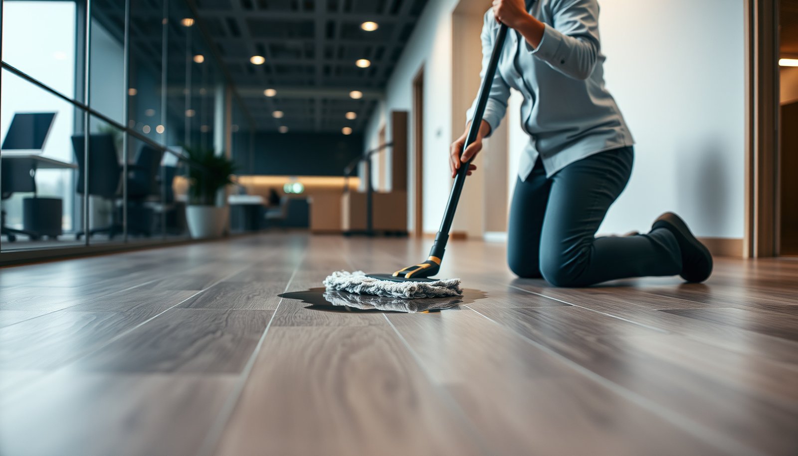 Guide on preventing water damage to vinyl floors in a commercial office setting.