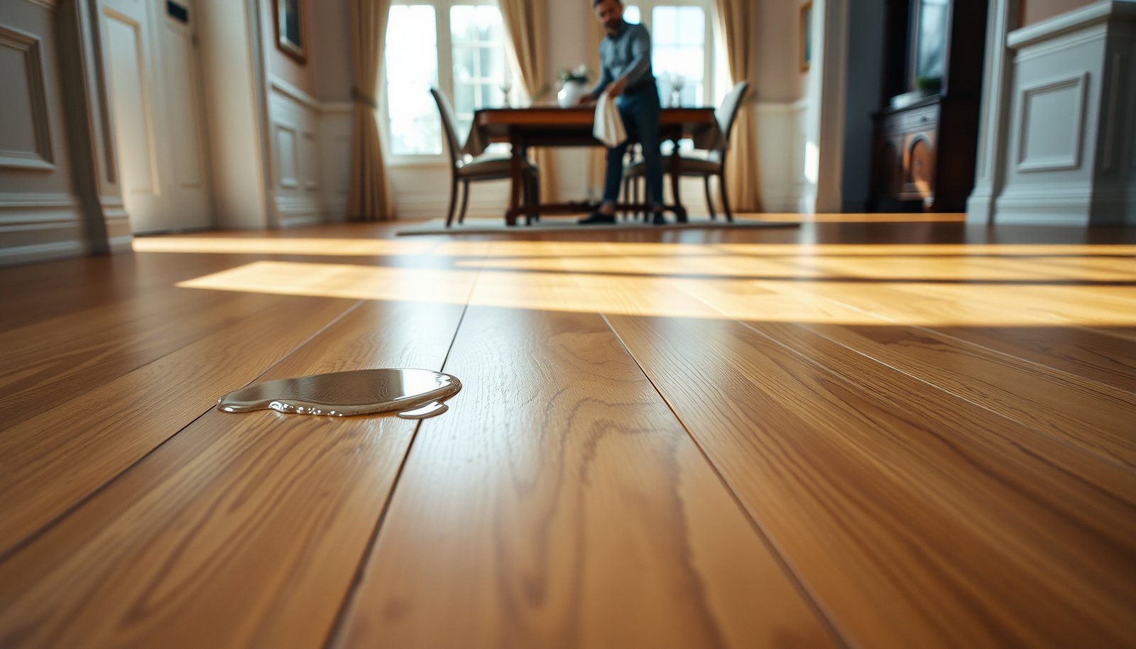 Dining room with engineered wood floors, showcasing tips to prevent water damage.