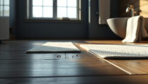 Tips for preventing water damage to engineered wood floors in a bathroom setting.