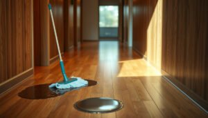 Tips for preventing water damage to engineered wood floors in a hallway.