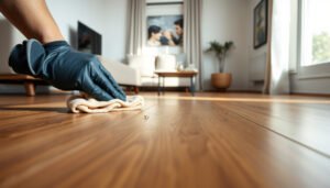 Tips for preventing water damage on wood-look tile floors in a home setting.