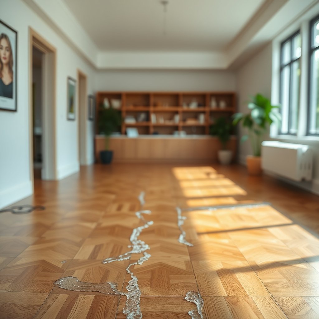 Diagram showing methods to prevent water entry and reduce wet contact on parquet floors