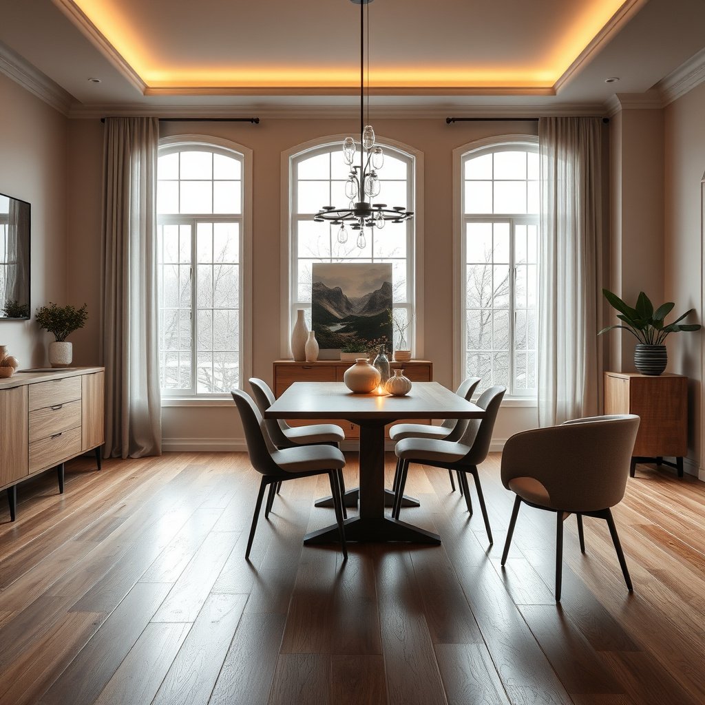 Image showing grit and furniture contact as sources of scratches on hardwood floors in a dining room