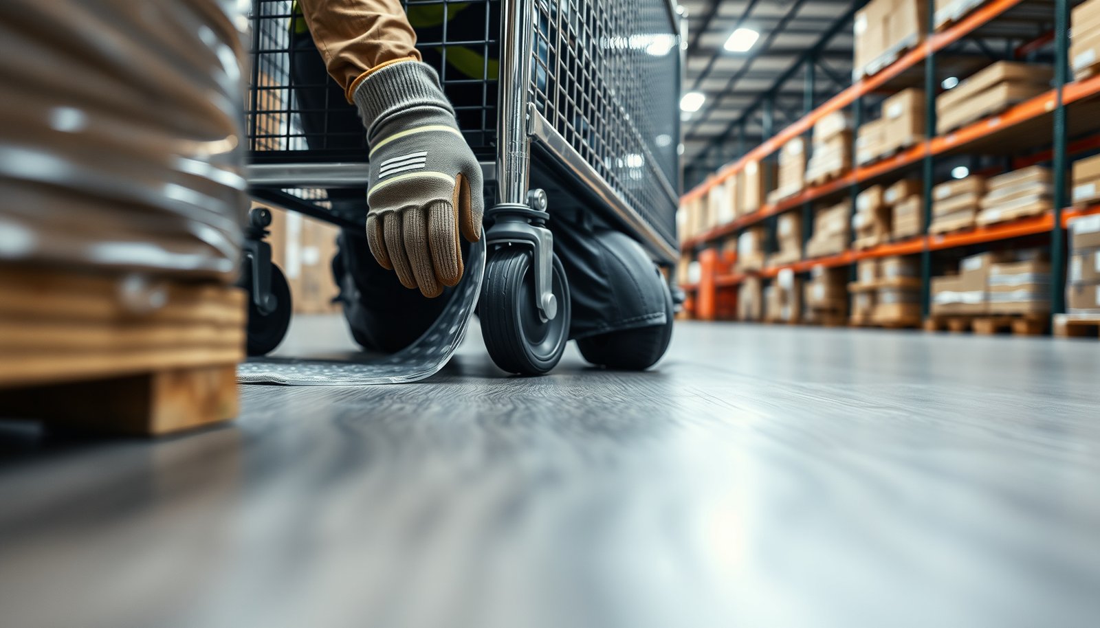 A warehouse worker applying protective measures to prevent scratches on laminate floors.