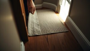 A staircase with hardwood floors showing tips to prevent scratches and maintain finish.