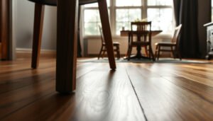 Dining room with engineered wood floors showing tips to prevent scratches effectively.