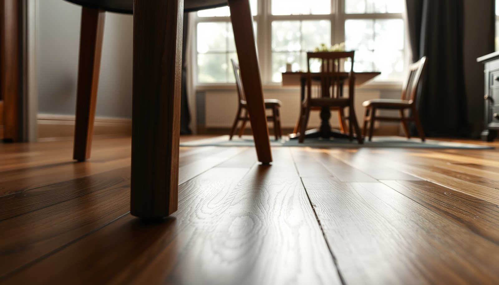 Dining room with engineered wood floors showing tips to prevent scratches effectively.