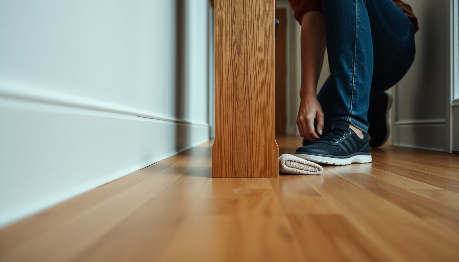 Tips for preventing scratches on engineered wood floors in a hallway setting.