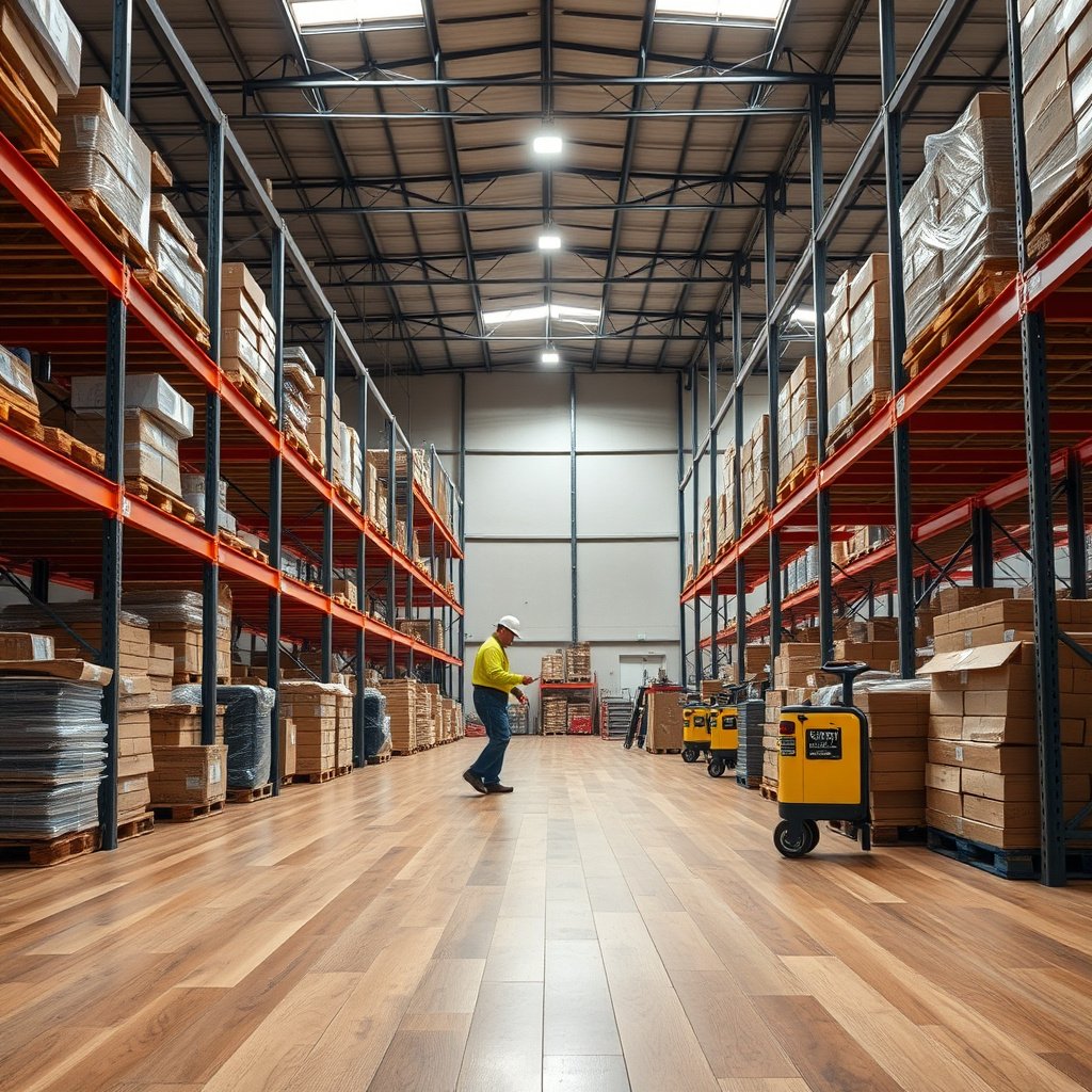 Image illustrating safety measures to reduce slips, trips, and impacts on hardwood floors in a warehouse