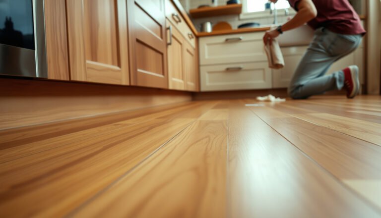 Tips for preventing water damage to hardwood floors in a kitchen setting.