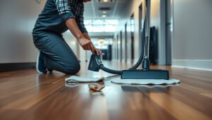 Tips for preventing water damage to hardwood floors in a commercial office environment.