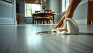 Tips for preventing water damage on vinyl floors in a dining room setting.