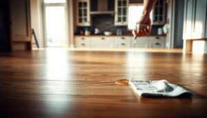 Engineered wood floors in a kitchen with tips to prevent water damage.