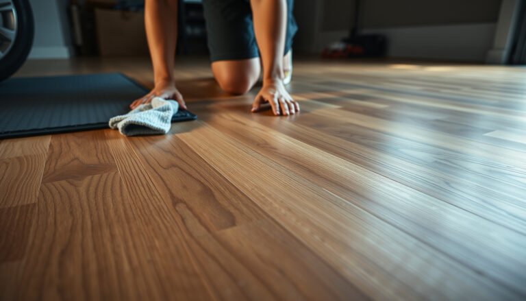 Engineered wood floors in a garage with water damage prevention tips.