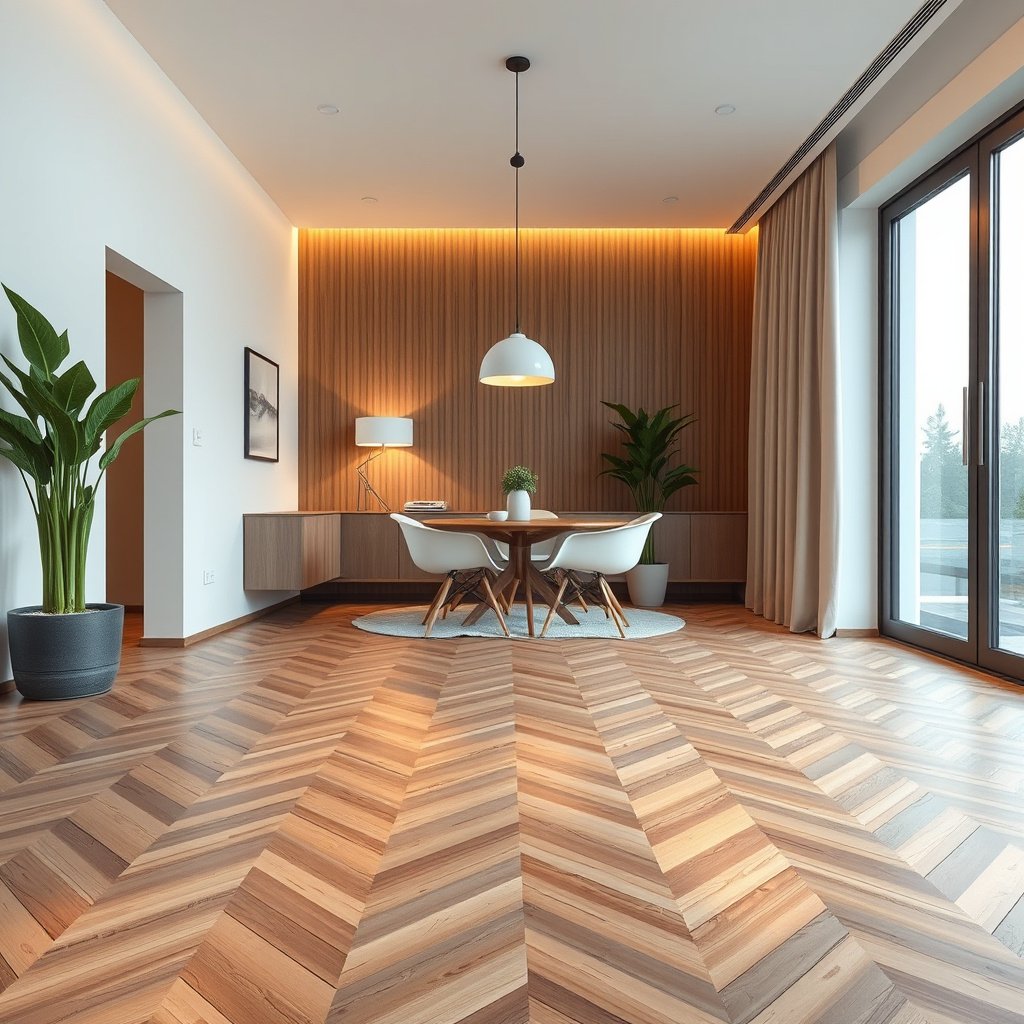 Felt pads and glides protecting furniture legs on a chevron floor to prevent scratches.