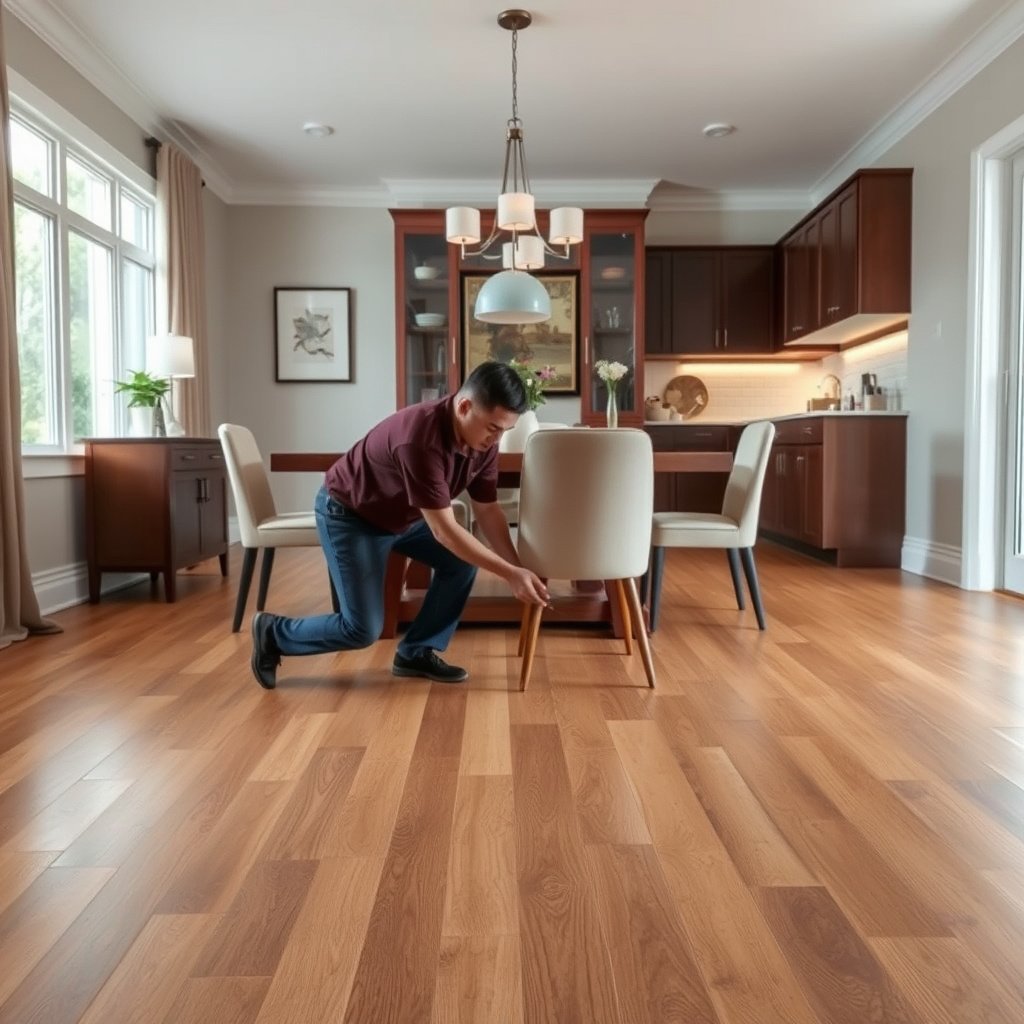 Image showing tips to protect laminate floors from grit, a major cause of scratches in dining rooms.