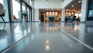 A polished concrete floor with a protective coating, showcasing its shine and durability.