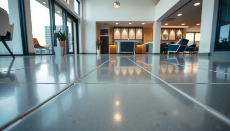 A polished concrete floor with a protective coating, showcasing its shine and durability.