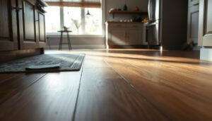 Engineered wood floors in a kitchen with protective measures in place to prevent damage.