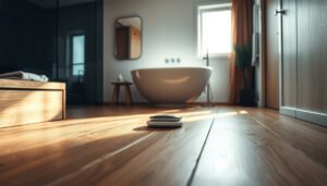 Tips for protecting engineered wood floors in a bathroom setting to prevent water damage.