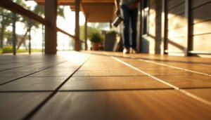 Engineered wood floors in an outdoor walkway, showcasing protective measures for durability.