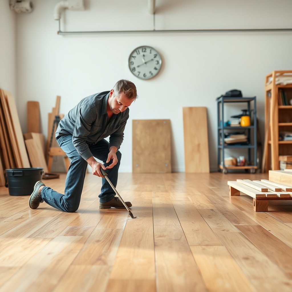 Protecting hardwood floors in a workshop before cutting or sanding to prevent scratches.
