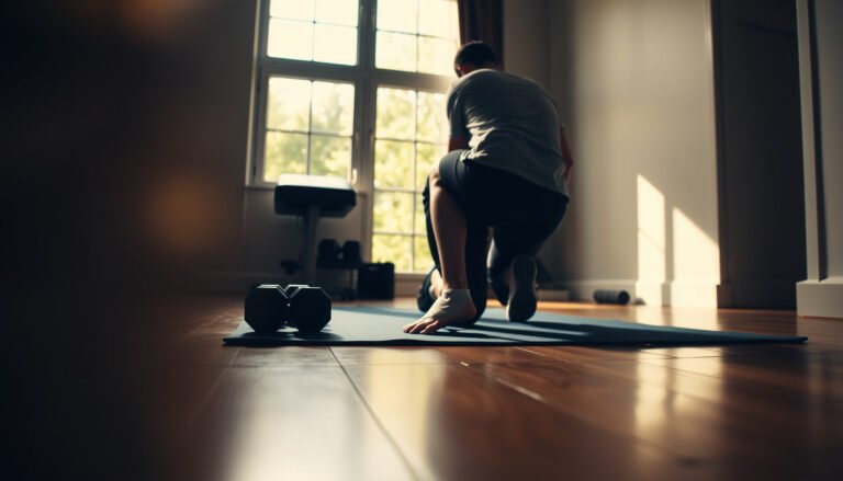 A home gym setup showing protective measures for hardwood floors with mats and equipment.