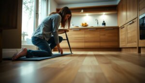 Tips for protecting hardwood floors in a kitchen setting with furniture and cleaning tools.