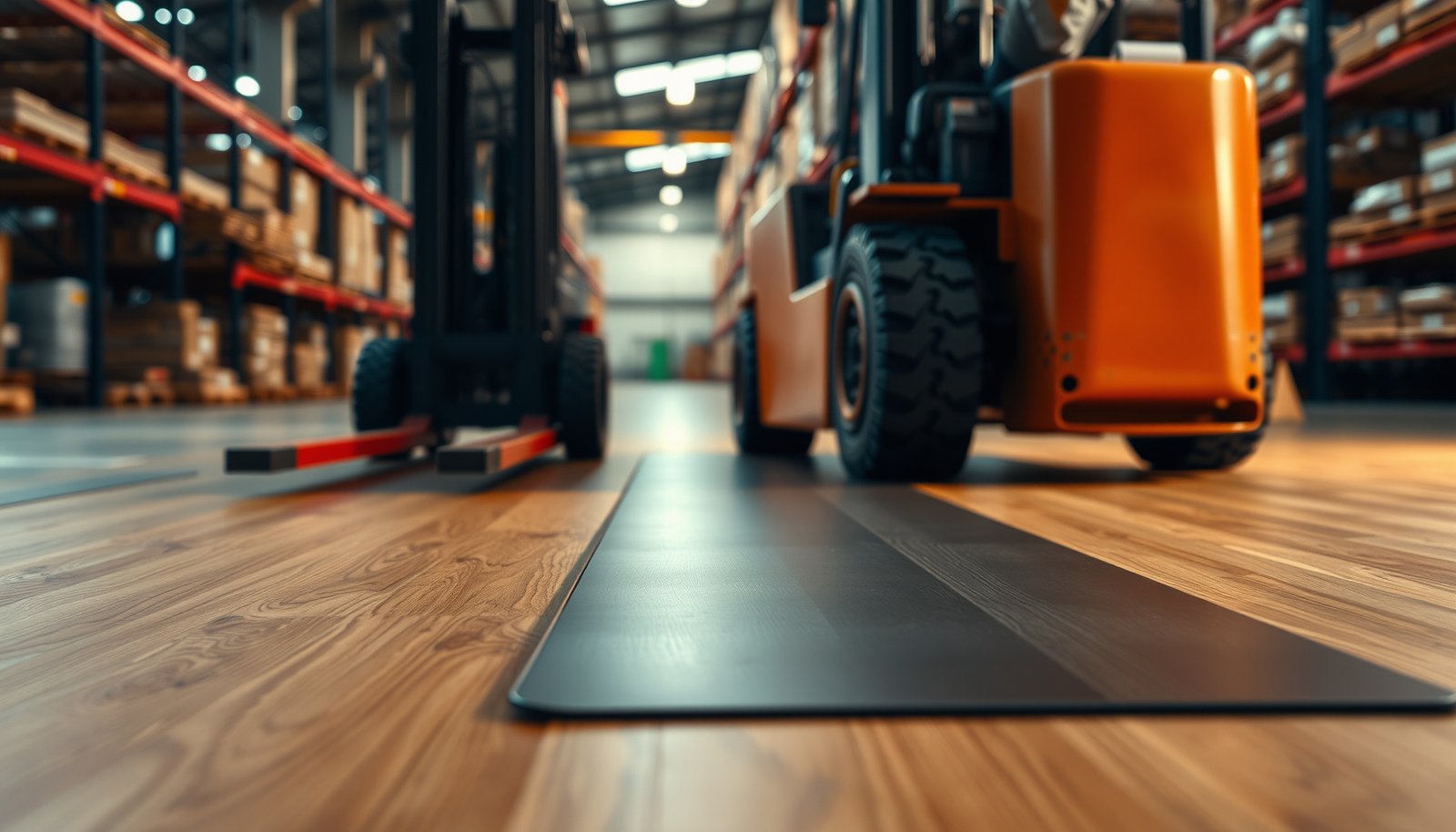 Best practices for protecting hardwood floors in a warehouse environment.