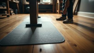 Workshop setup showing protective measures for hardwood floors, including mats and coverings.