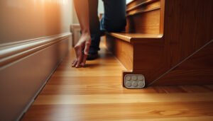 A staircase with hardwood floors protected by mats and rugs, showcasing practical tips for maintenance.
