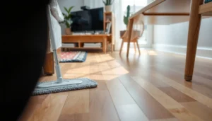 A person applying a protective finish to hardwood floors, demonstrating tips for maintenance and prevention.