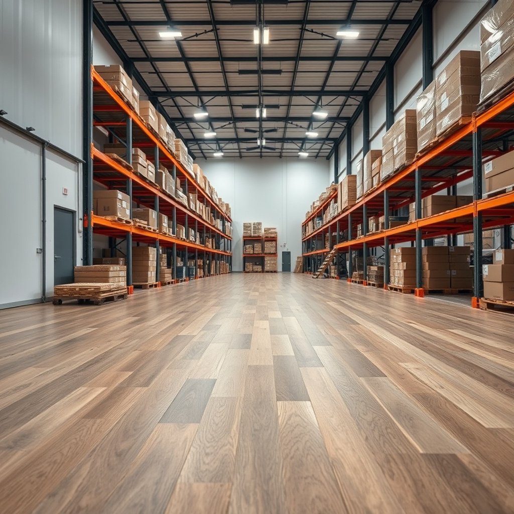 High-traffic lanes on laminate floors being protected from scratches in a warehouse setting.