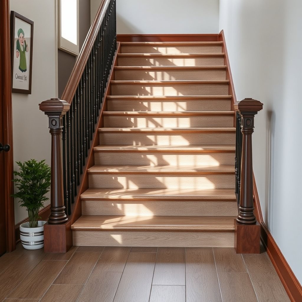 Vinyl flooring protection in high-wear areas like treads and landings on a staircase
