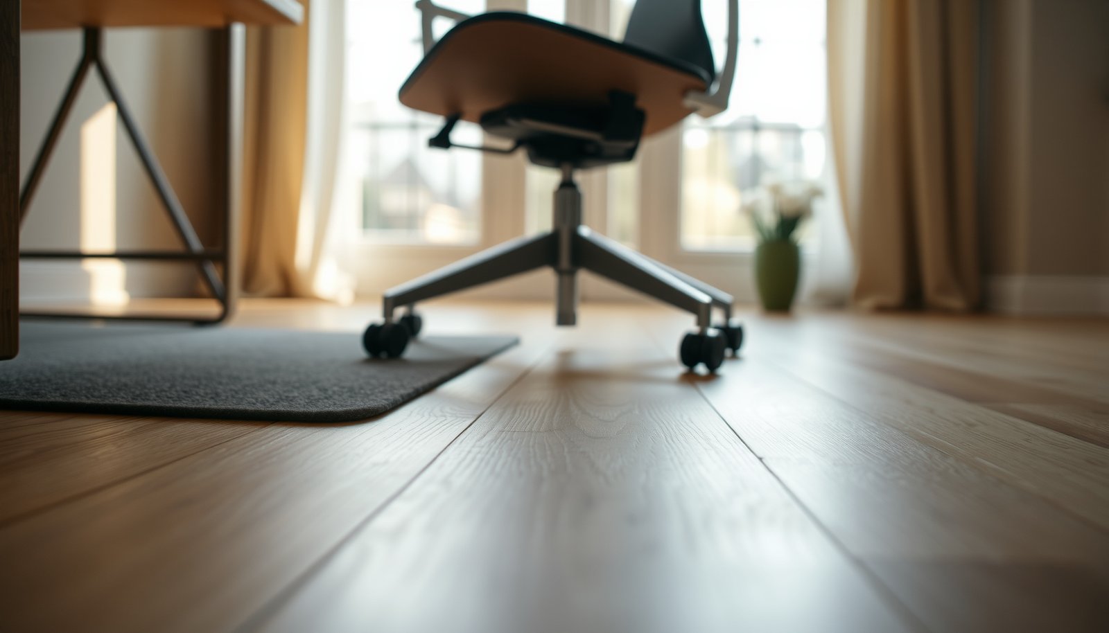 A home office with laminate flooring, showcasing protective measures for floor maintenance.