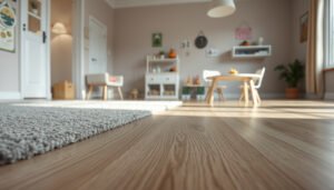 A playroom with protective mats on laminate floors to prevent damage and scratches.