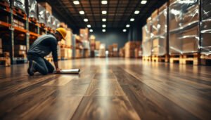 A warehouse worker applying protective measures to laminate floors to prevent damage.