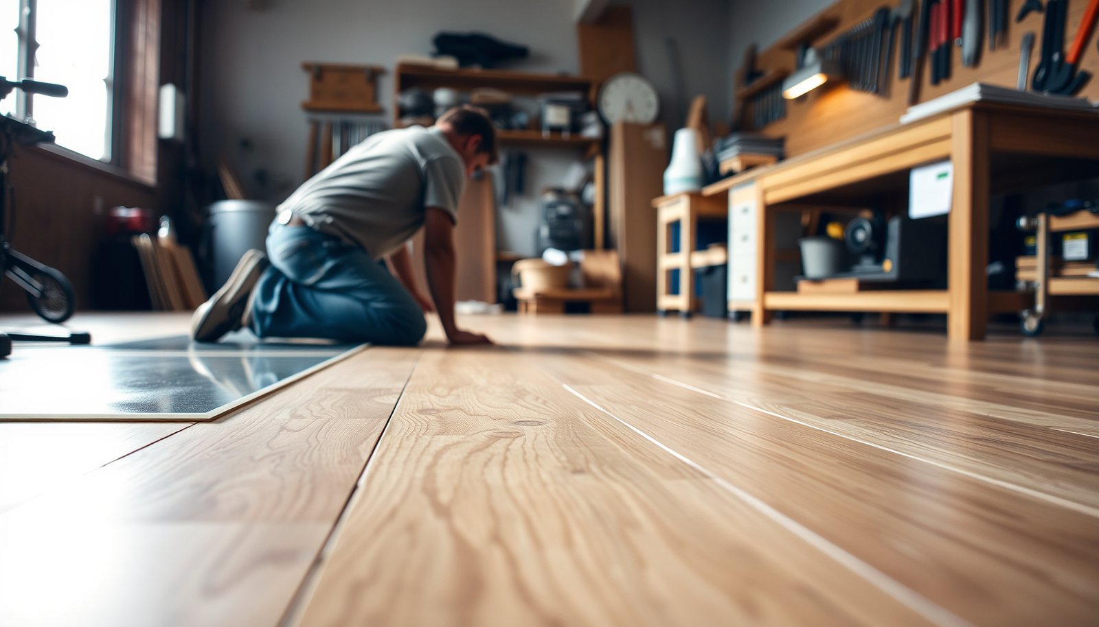 A workshop with laminate floors, showcasing protective measures and tips for floor maintenance.