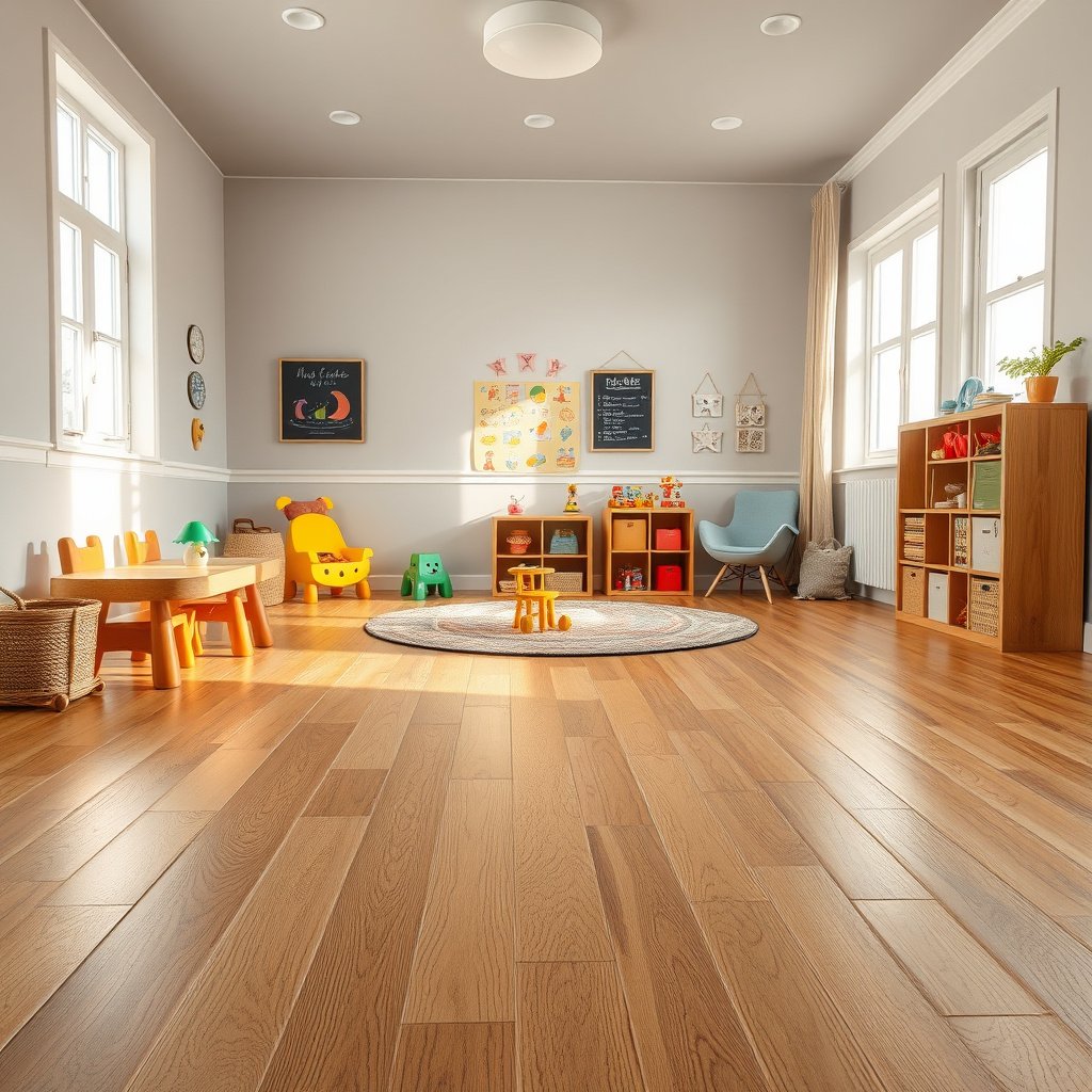 High-traffic zones covered with mats and rug pads to protect laminate floors in a playroom